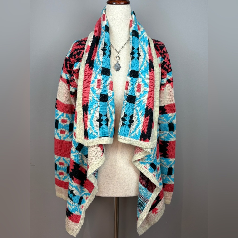 Moon Collection Boho Western Aztec Waterfall Long Line Cardigan Sweater Size S